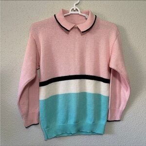 Queens Way to Fashion Vintage 80s Color block Collared Preppy Sweatshirt - Small